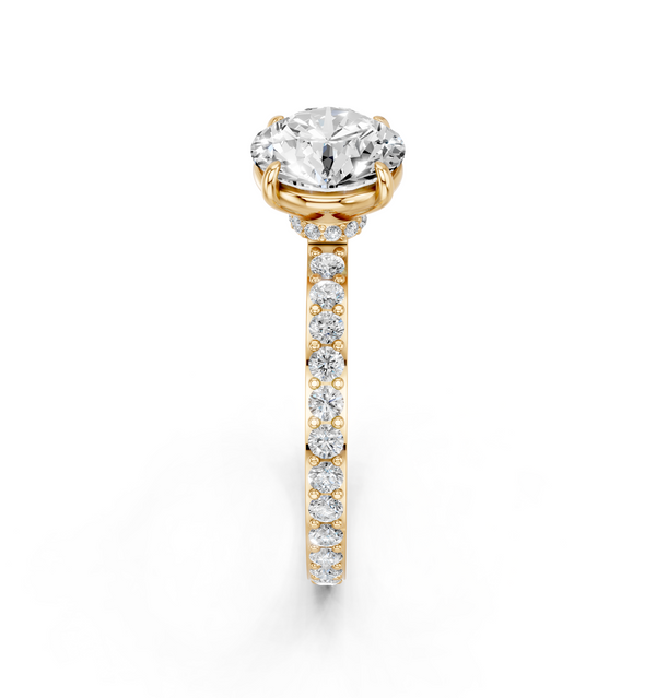 14K Yellow Gold 1.53 Carat E VS1 Round Brilliant Pavé Band Solitaire with Four-Prong Setting