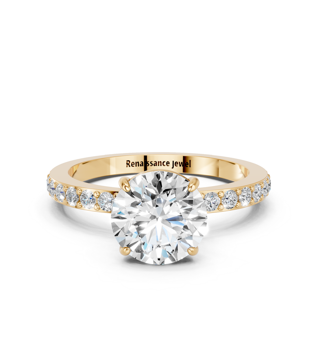 14K Yellow Gold 1.53 Carat E VS1 Round Brilliant Pavé Band Solitaire with Four-Prong Setting