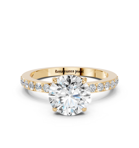14K Yellow Gold 1.53 Carat E VS1 Round Brilliant Pavé Band Solitaire with Four-Prong Setting