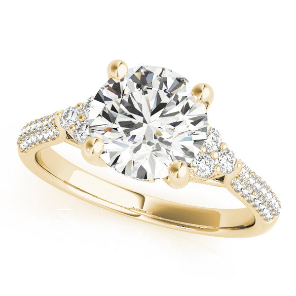 Yellow gold Round Brilliant Pave Diamond Engagement Ring with Cathedral Band and Four-Prong Setting