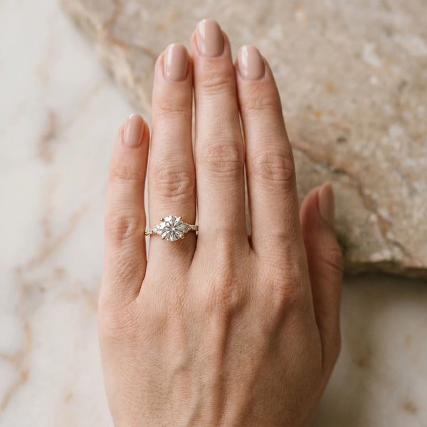 Yellow gold Round Brilliant Pave Diamond Engagement Ring with Cathedral Band and Four-Prong Setting