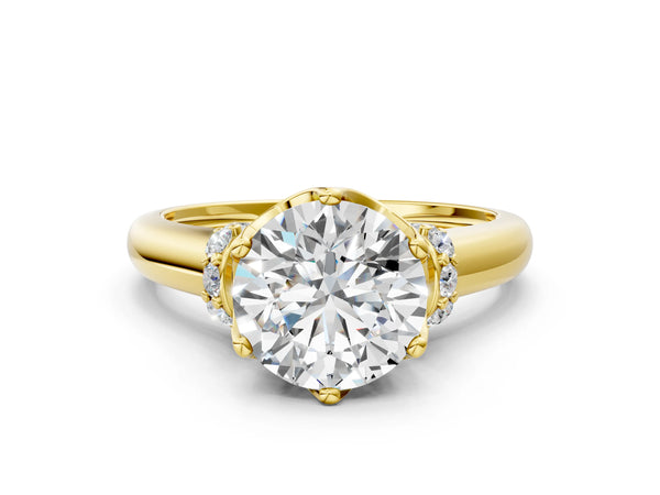Yellow gold Round Brilliant Solitaire Cathedral Engagement Ring with Pave Accents