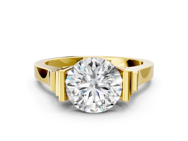 Yellow gold Round Brilliant Solitaire Diamond Ring with Channel Set Band and Bar Prong Setting
