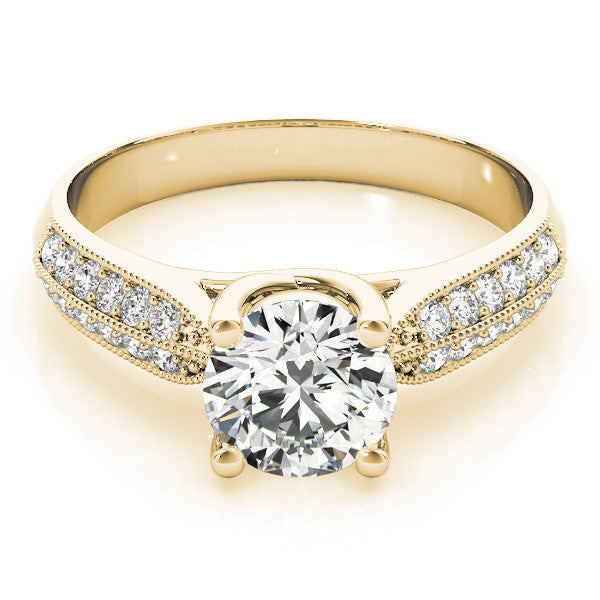 Yellow gold Round Brilliant Solitaire Engagement Ring with Pave Band and Four-Prong Setting 1