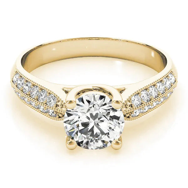 Yellow gold Round Brilliant Solitaire Engagement Ring with Pave Band and Four-Prong Setting 1