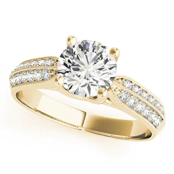 Yellow gold Round Brilliant Solitaire Engagement Ring with Pave Band and Four-Prong Setting