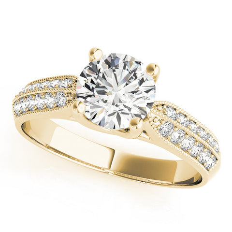 Yellow gold Round Brilliant Solitaire Engagement Ring with Pave Band and Four-Prong Setting
