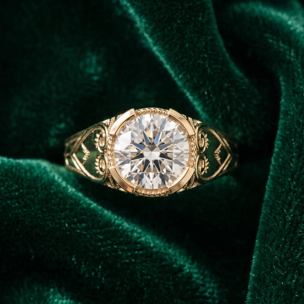 Yellow gold Round Brilliant Solitaire Milgrain Bezel Engagement Ring