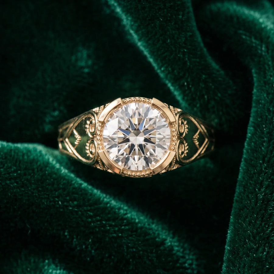 Yellow gold Round Brilliant Solitaire Milgrain Bezel Engagement Ring