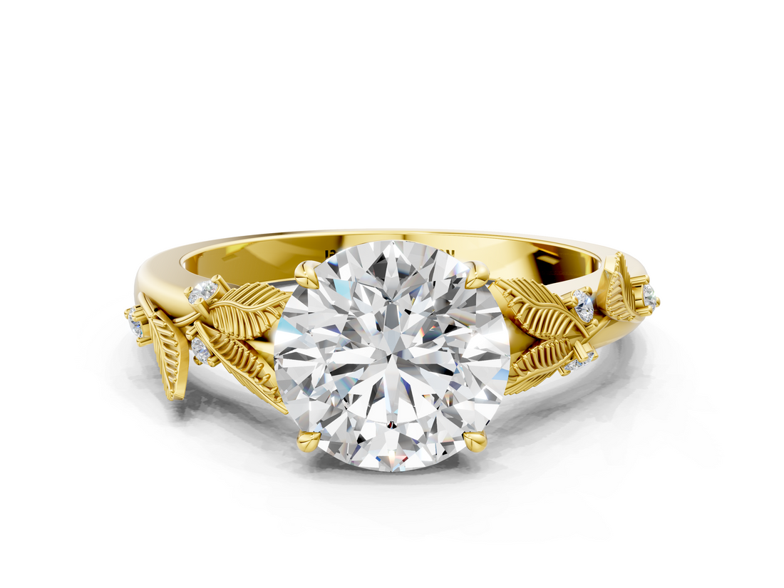 Yellow gold Round Brilliant Solitaire with Leaf Motif Band and Four-Prong Setting_86