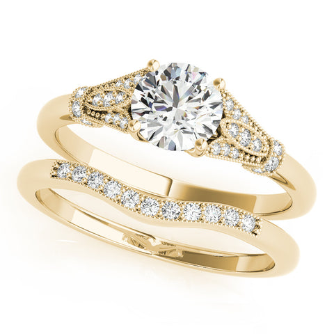 Yellow gold Round Brilliant Solitaire with Pave Band and Four-Prong Setting 1