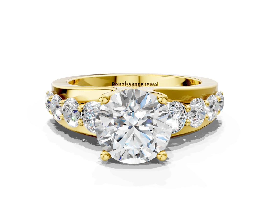 Yellow gold Round Brilliant Solitaire with Side Stones on a Pave Band and Four-Prong Setting_12