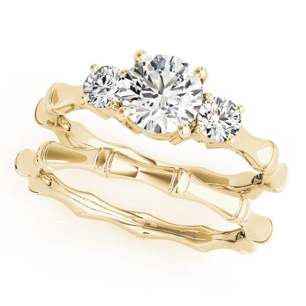 Yellow gold Round Brilliant Three-Stone Bamboo Band with Prong Setting 1