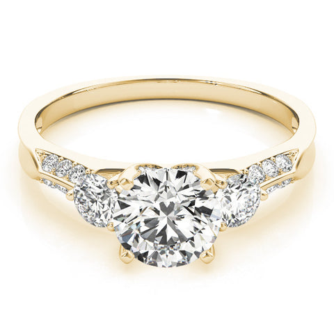 Yellow gold Round Brilliant Three-Stone Diamond Ring with Pavé Band and Four-Prong Setting 1