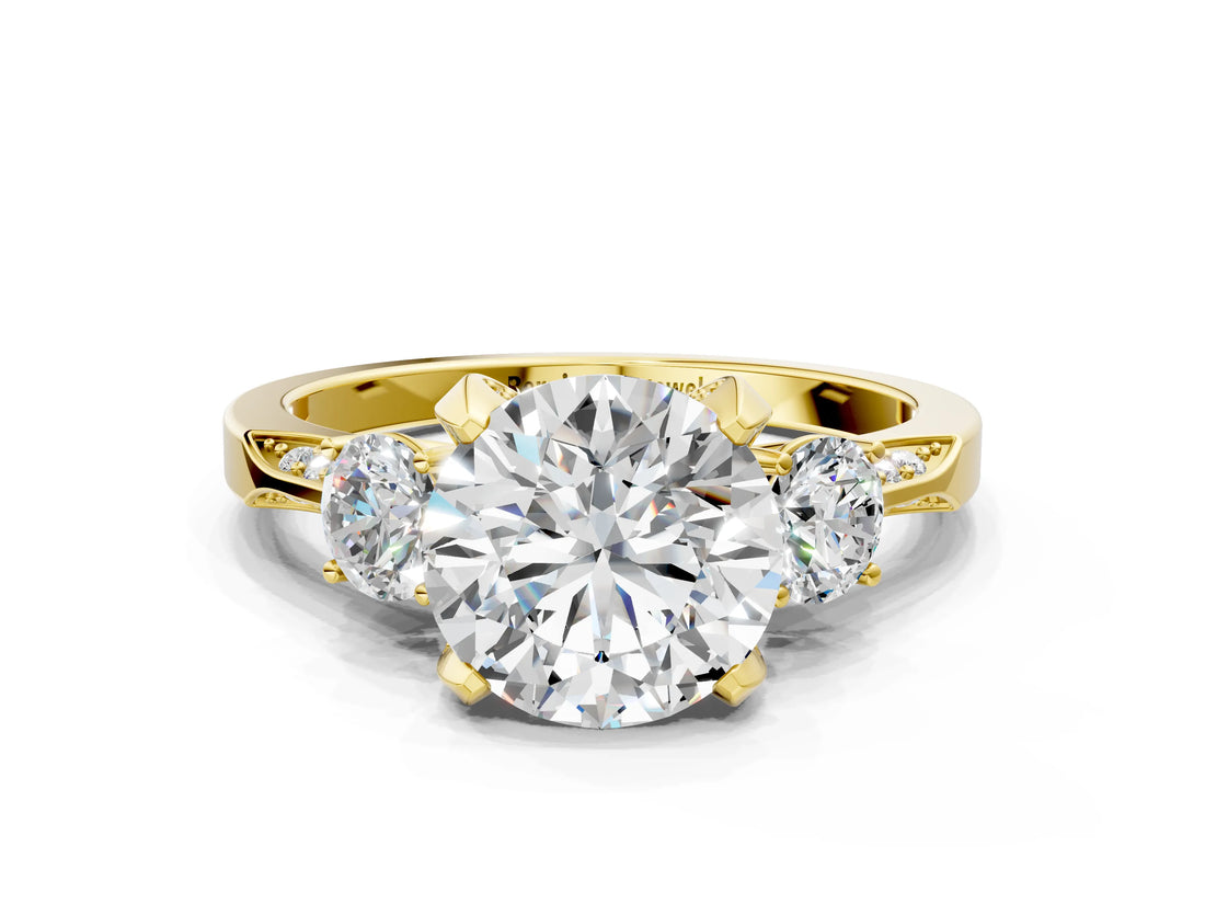Yellow gold Round Brilliant Three-Stone Diamond Ring with Pavé Band and Four-Prong Setting_7
