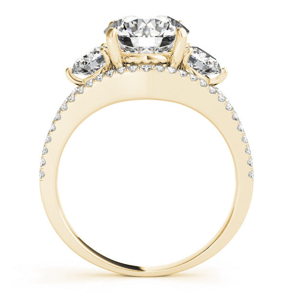 Yellow gold Round Brilliant Three-Stone Diamond Ring with Pavé Band and Prong Setting 1