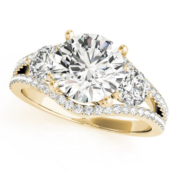 Yellow gold Round Brilliant Three-Stone Diamond Ring with Pavé Band and Prong Setting