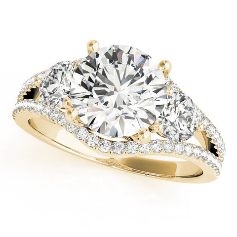 Yellow gold Round Brilliant Three-Stone Diamond Ring with Pavé Band and Prong Setting