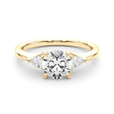 Yellow gold Round Brilliant Three-Stone Ring with Pear Side Stones and Four-Prong Setting 1