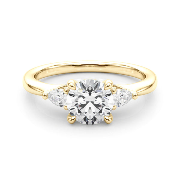 Yellow gold Round Brilliant Three-Stone Ring with Pear Side Stones and Four-Prong Setting