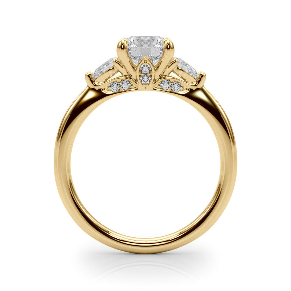 Yellow gold Round Brilliant Three-Stone Ring with Pear Side Stones and Four-Prong Setting 2