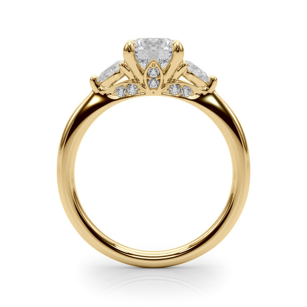 Yellow gold Round Brilliant Three-Stone Ring with Pear Side Stones and Four-Prong Setting