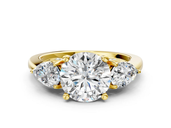 Yellow gold Round Brilliant Three-Stone Ring with Pear Side Stones and Four-Prong Setting
