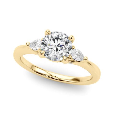 Yellow gold Round Brilliant Three-Stone Ring with Pear Side Stones and Four-Prong Setting