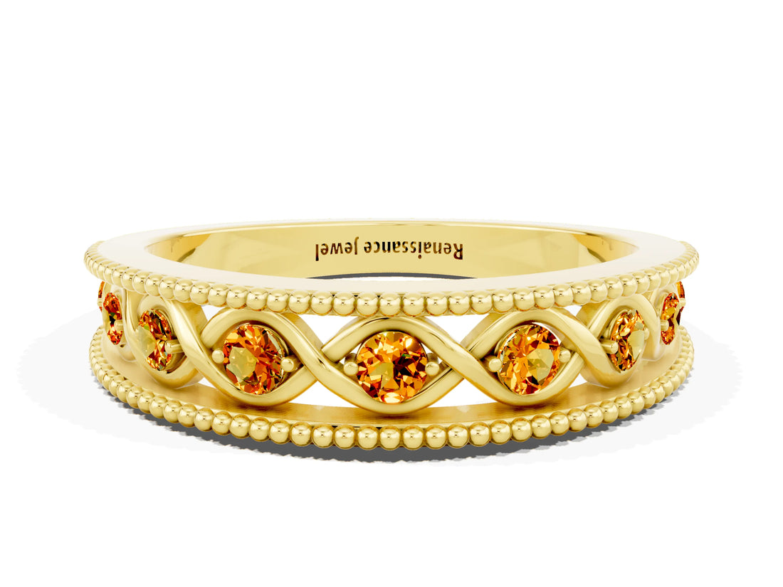 Yellow gold Round Citrine Twist Milgrain Band with Bezel Setting_12