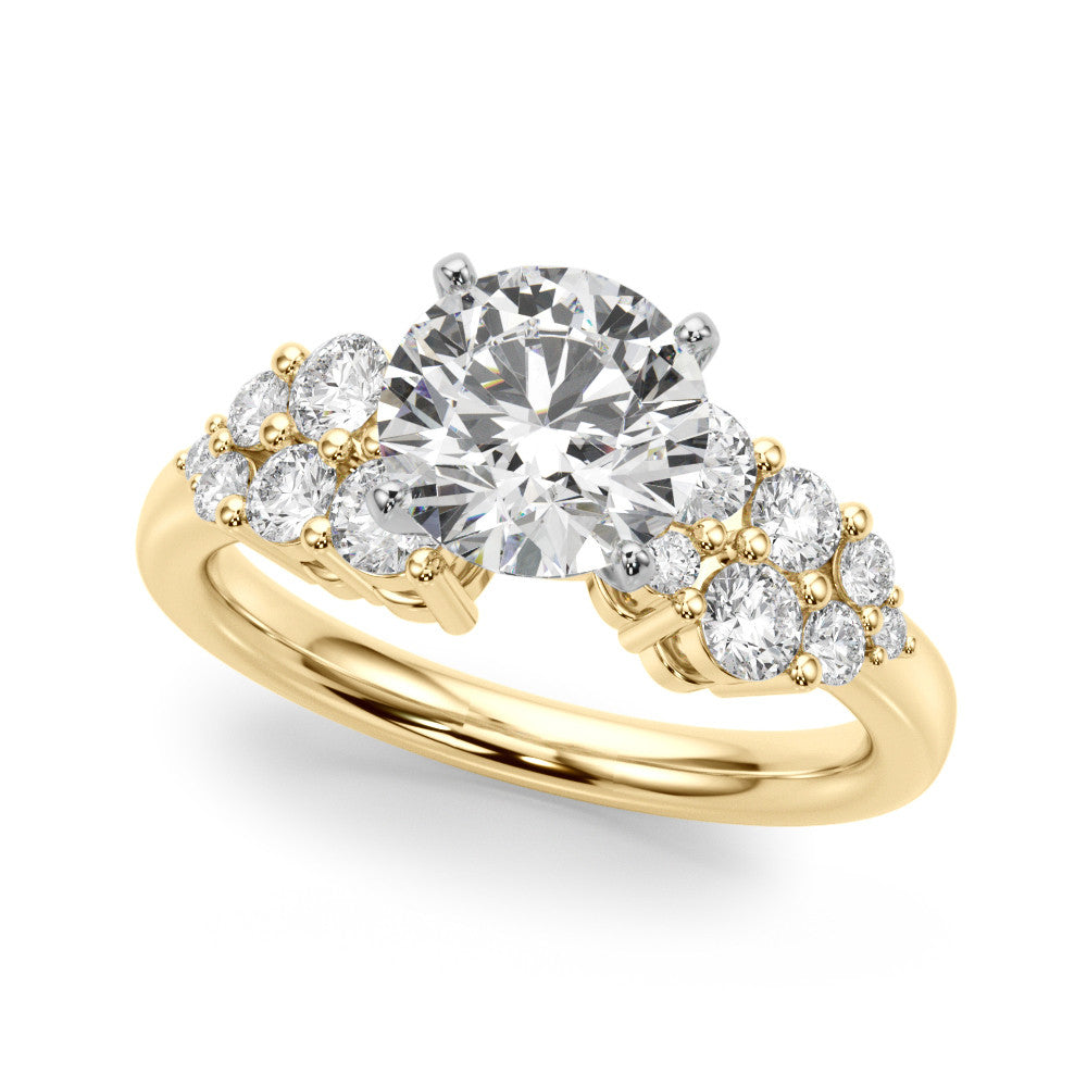 Yellow gold Round Cluster Diamond Engagement Ring with Pavé Band and Four-Prong Setting