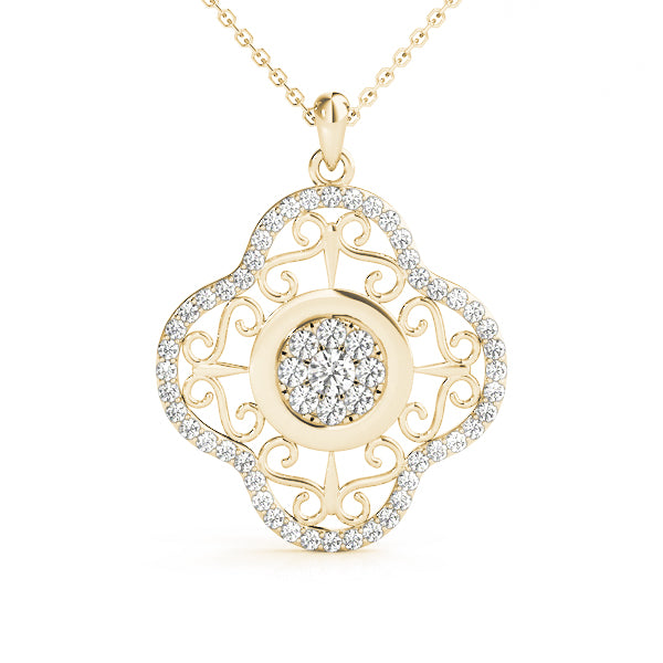 Yellow gold Round Cluster Diamond Pendant with Pavé and Scroll Prong Setting