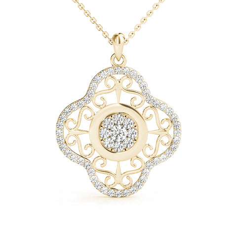 Yellow gold Round Cluster Diamond Pendant with Pavé and Scroll Prong Setting