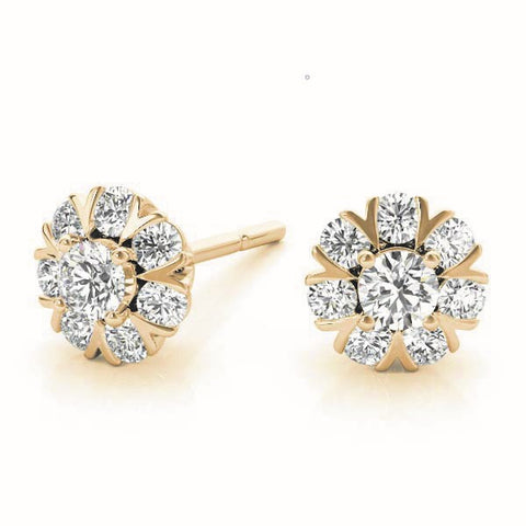 Yellow gold Round Cluster Diamond Stud Earrings with Prong Setting 1