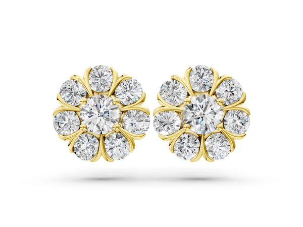 Yellow gold Round Cluster Diamond Stud Earrings with Prong Setting