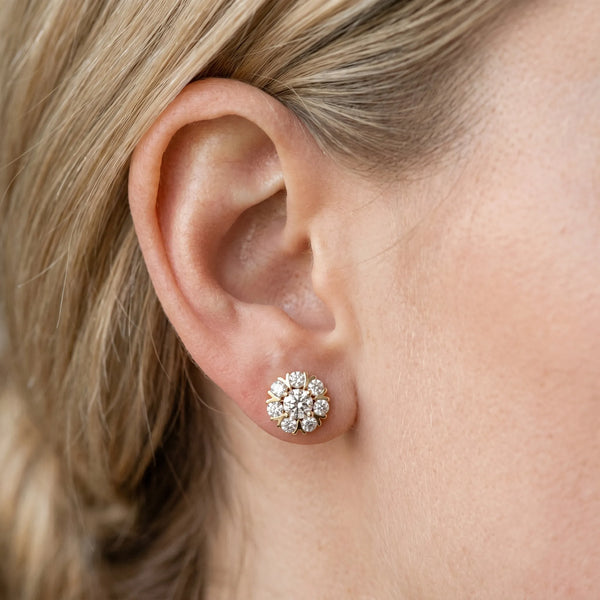 Yellow gold Round Cluster Diamond Stud Earrings with Prong Setting