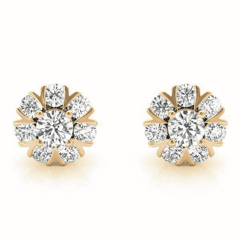 Yellow gold Round Cluster Diamond Stud Earrings with Prong Setting