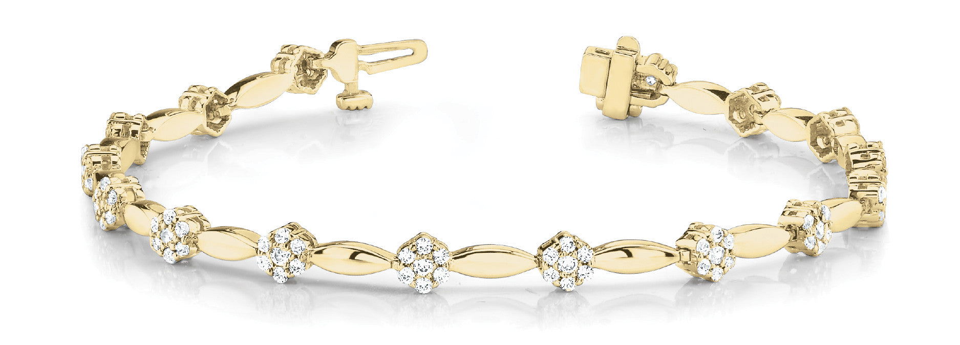 Yellow gold Round Cluster Diamond Tennis Bracelet with Marquise Links and Four-Prong Setting