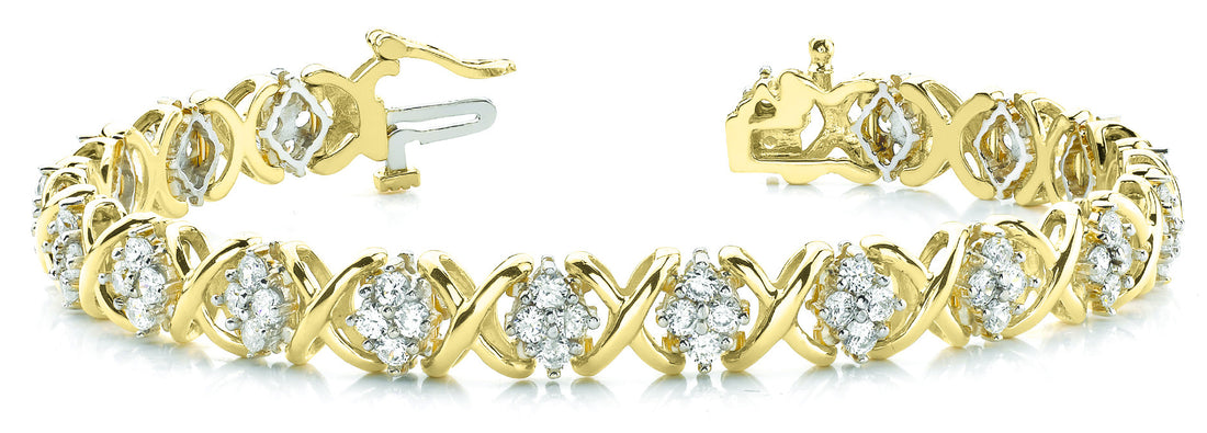 Yellow gold Round Cluster Diamond Tennis Bracelet with X-Link Band and Four-Prong Setting