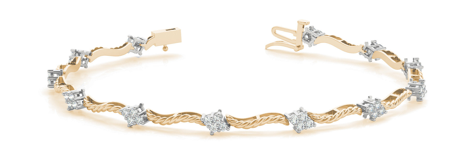 Yellow gold Round Cluster Diamond Twist Link Bracelet with Four-Prong Setting