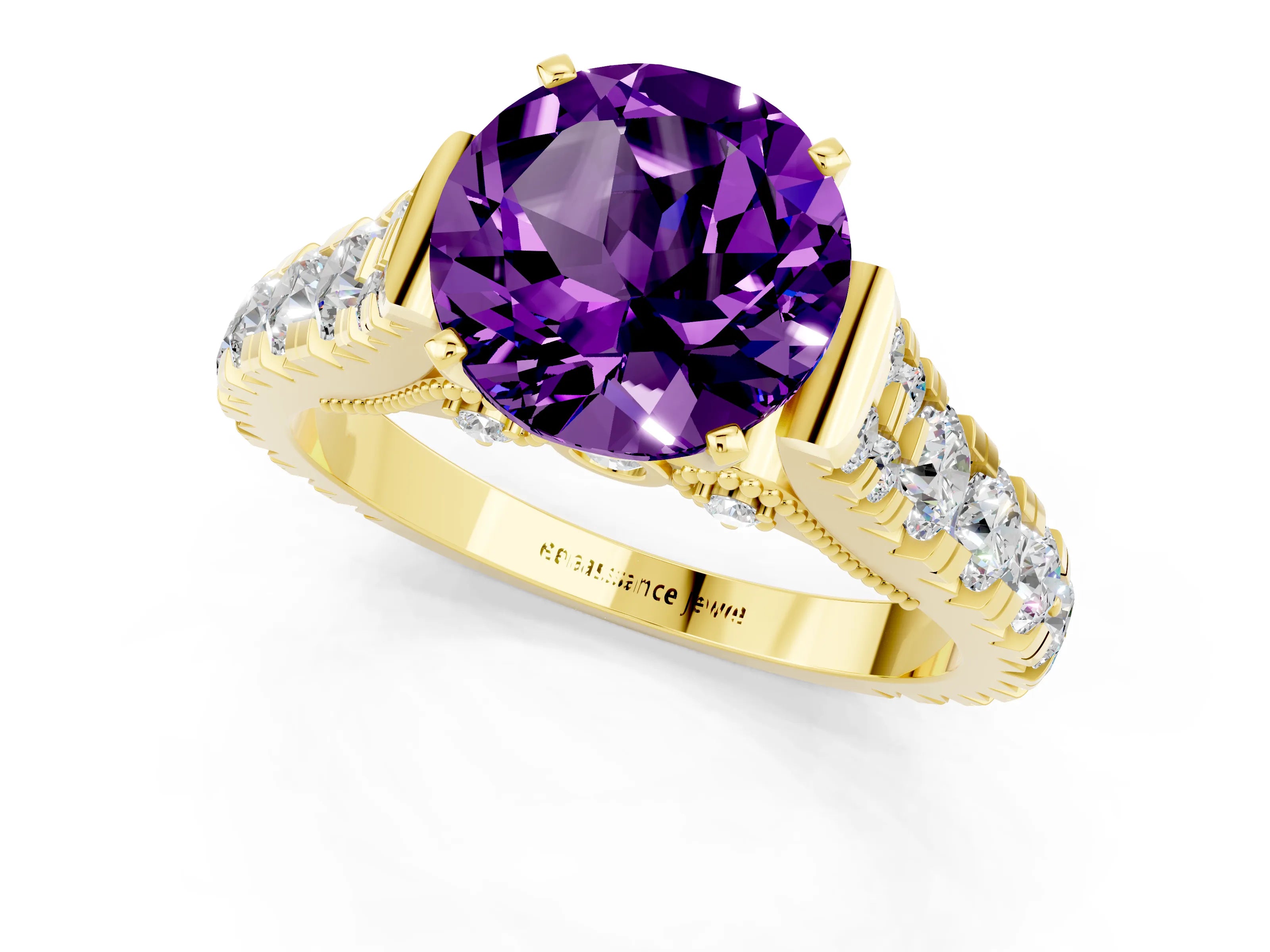 Yellow gold Round Cut Amethyst Classic Solitaire Ring with Pavé Band and Four-Prong Setting_1