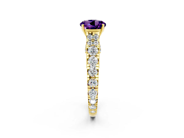 Yellow gold Round Cut Amethyst Classic Solitaire Ring with Pavé Band and Four-Prong Setting