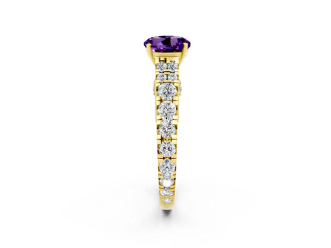 Yellow gold Round Cut Amethyst Classic Solitaire Ring with Pavé Band and Four-Prong Setting_2