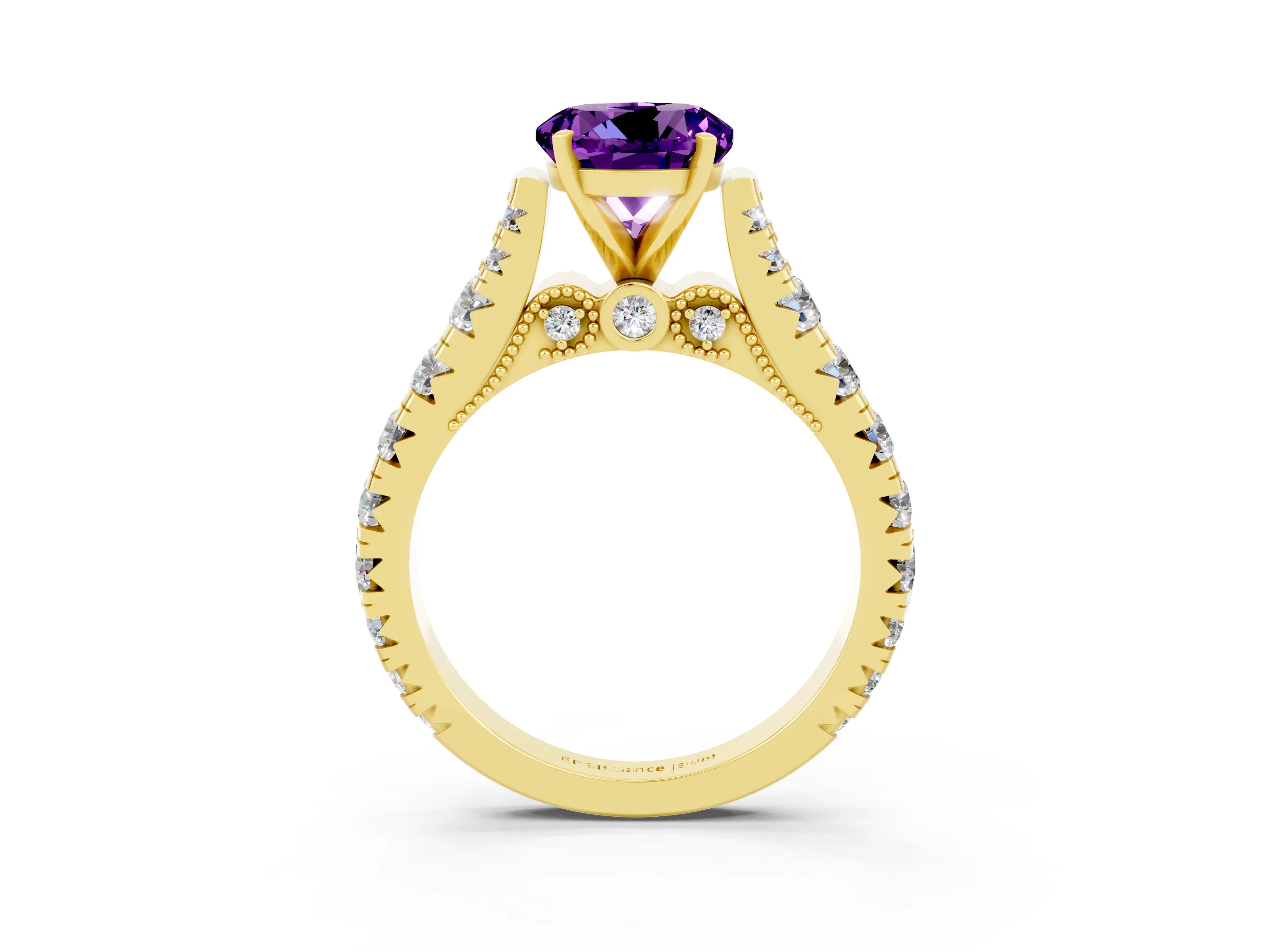 Yellow gold Round Cut Amethyst Classic Solitaire Ring with Pavé Band and Four-Prong Setting_3