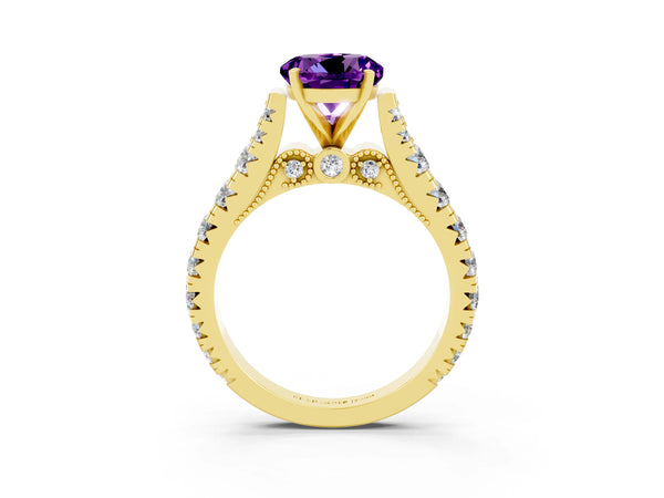 Yellow gold Round Cut Amethyst Classic Solitaire Ring with Pavé Band and Four-Prong Setting