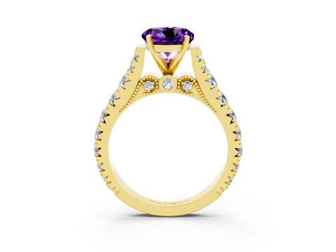 Yellow gold Round Cut Amethyst Classic Solitaire Ring with Pavé Band and Four-Prong Setting_3