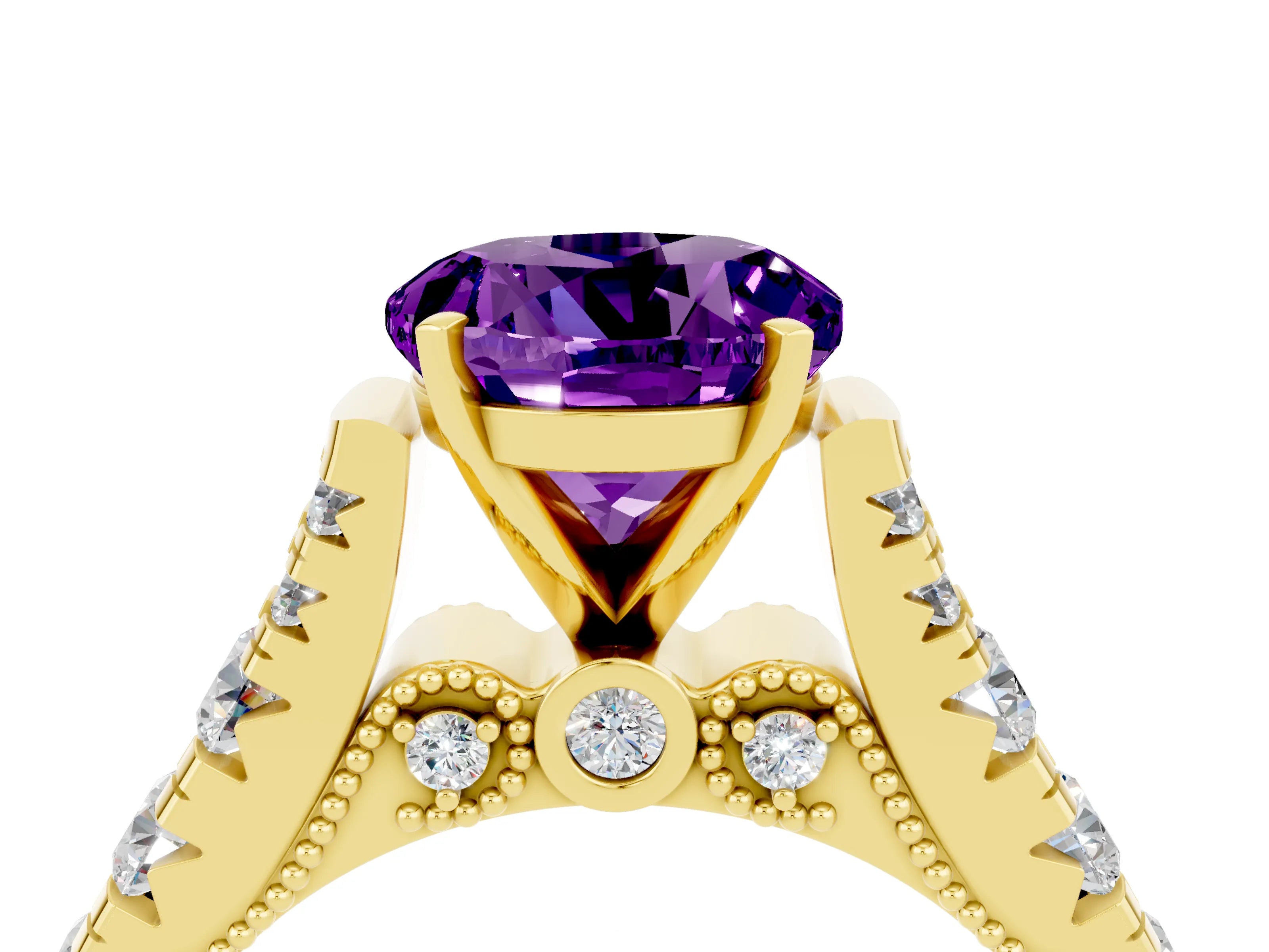 Yellow gold Round Cut Amethyst Classic Solitaire Ring with Pavé Band and Four-Prong Setting_4