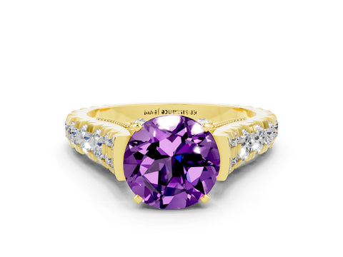 Yellow gold Round Cut Amethyst Classic Solitaire Ring with Pavé Band and Four-Prong Setting