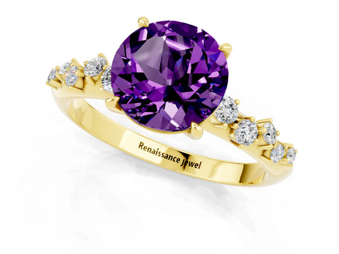 Yellow gold Round Cut Amethyst Cluster Side Stone Solitaire Ring with Prong Setting_25