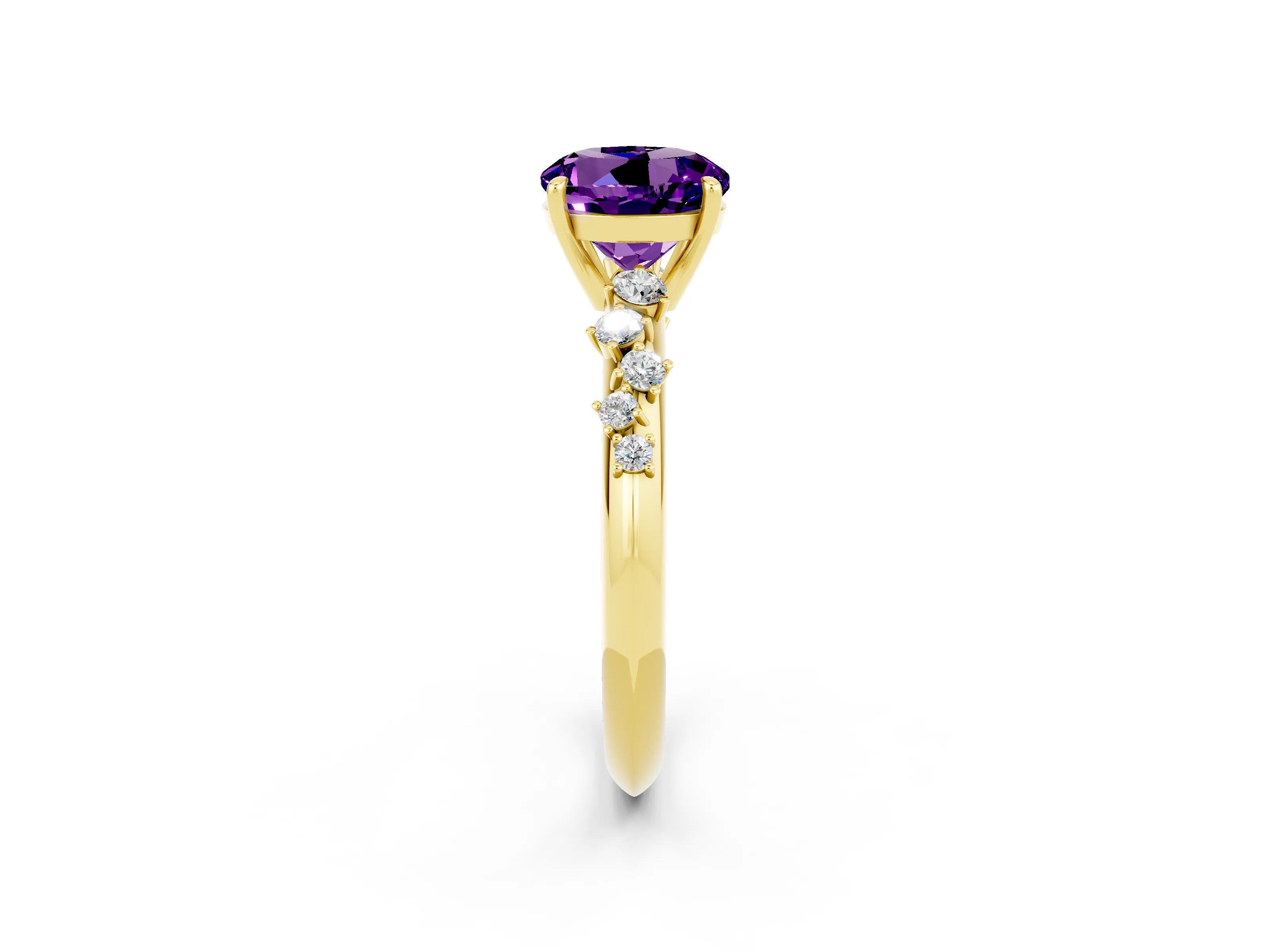 Yellow gold Round Cut Amethyst Cluster Side Stone Solitaire Ring with Prong Setting_26
