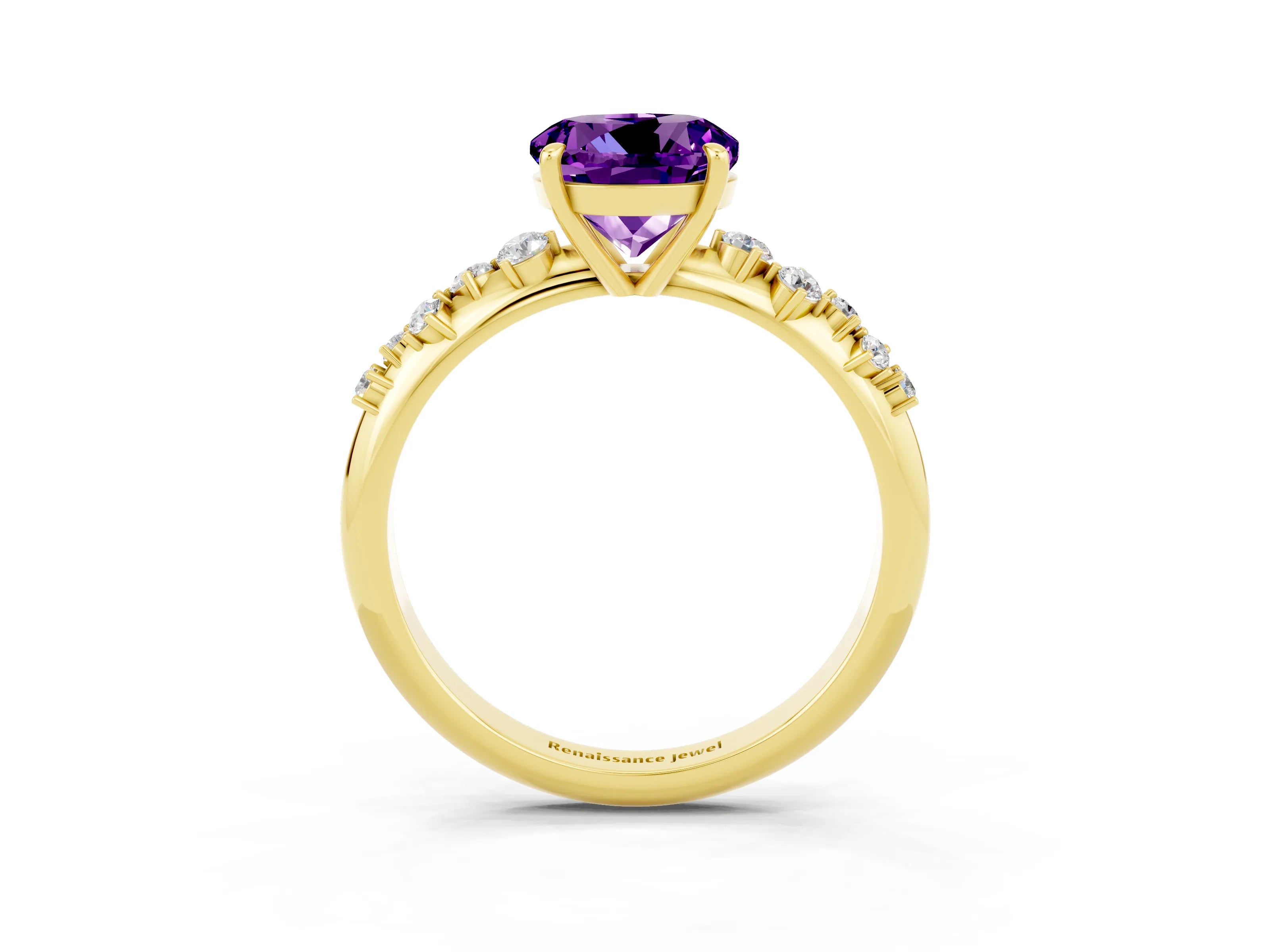 Yellow gold Round Cut Amethyst Cluster Side Stone Solitaire Ring with Prong Setting_27